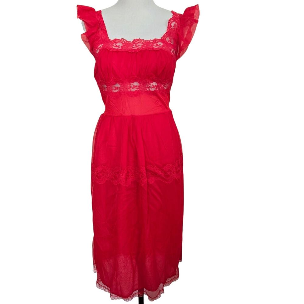 Vintage ILGWU Red Nylon Midi Slip Dress Nightgown Lace Trim Size 36 Best Fits XS